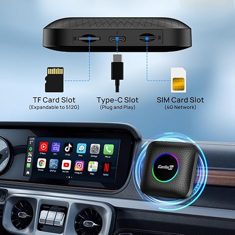 Carlinkit Latest Ai Box (Compatible for All Cars), Android 13, Qualcomm 6225, 8GB+128GB, Wireless CarPlay Android Auto 3-in-1 Dongle comes with Google Play Store, Streaming Video