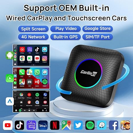 Carlinkit Latest Ai Box (Compatible for All Cars), Android 13, Qualcomm 6225, 8GB+128GB, Wireless CarPlay Android Auto 3-in-1 Dongle comes with Google Play Store, Streaming Video