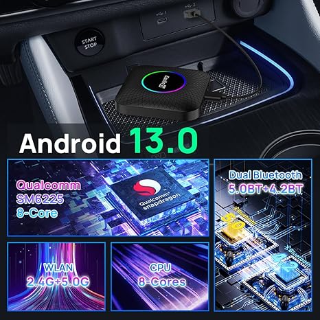 Carlinkit Latest Ai Box (Compatible for All Cars), Android 13, Qualcomm 6225, 8GB+128GB, Wireless CarPlay Android Auto 3-in-1 Dongle comes with Google Play Store, Streaming Video