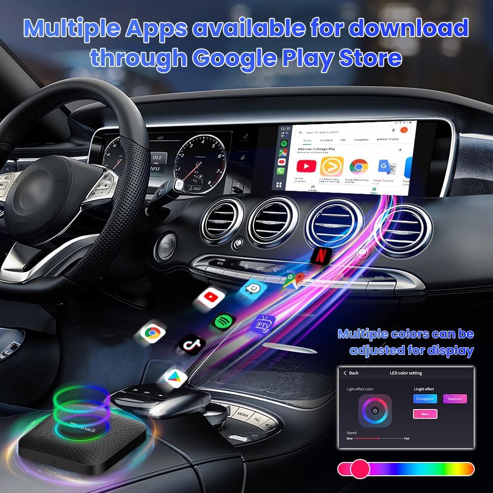Carlinkit Latest Ai Box (Compatible for All Cars), Android 13, Qualcomm 6225, 8GB+128GB, Wireless CarPlay Android Auto 3-in-1 Dongle comes with Google Play Store, Streaming Video