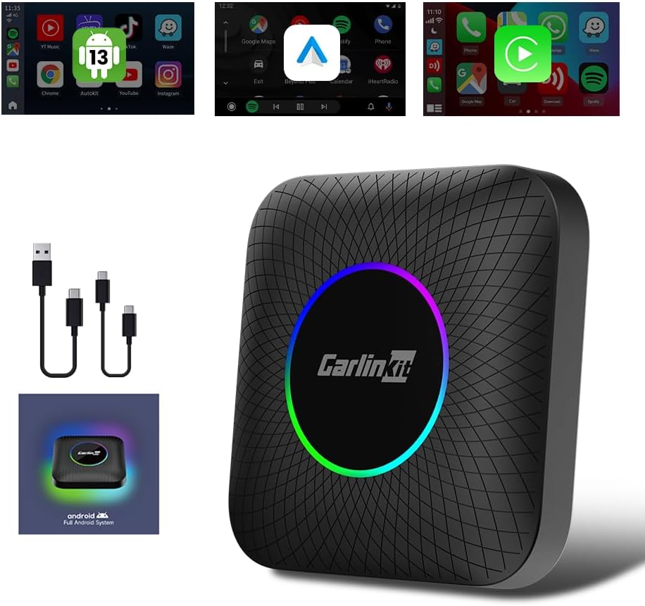 Carlinkit Latest Ai Box (Compatible for All Cars), Android 13, Qualcomm 6225, 8GB+128GB, Wireless CarPlay Android Auto 3-in-1 Dongle comes with Google Play Store, Streaming Video