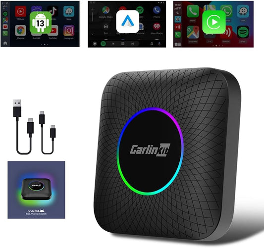 Carlinkit Latest Ai Box (Compatible for All Cars), Android 13, Qualcomm 6225, 8GB+128GB, Wireless CarPlay Android Auto 3-in-1 Dongle comes with Google Play Store, Streaming Video