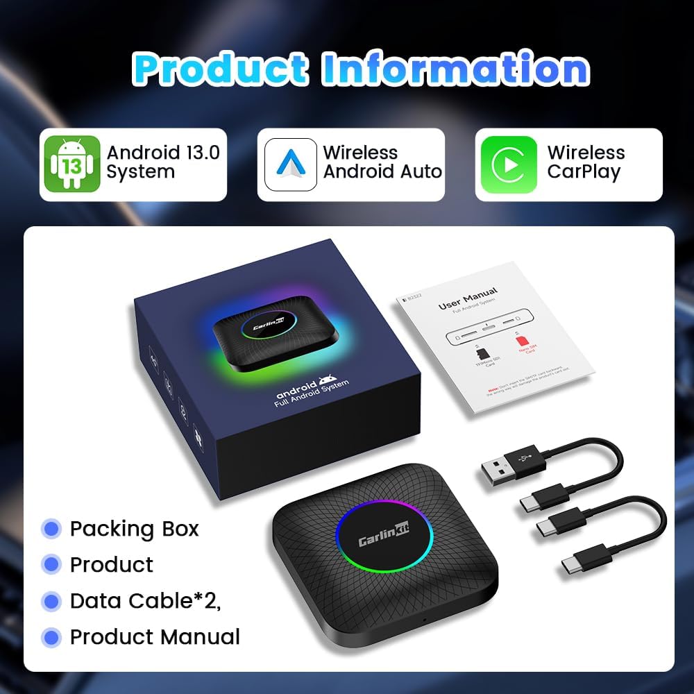 Carlinkit Latest Ai Box (Compatible for All Cars), Android 13, Qualcomm 6225, 8GB+128GB, Wireless CarPlay Android Auto 3-in-1 Dongle comes with Google Play Store, Streaming Video