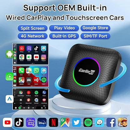 Carlinkit Latest Ai Box (Compatible for All Cars), Android 13, Qualcomm 6225, 8GB+128GB, Wireless CarPlay Android Auto 3-in-1 Dongle comes with Google Play Store, Streaming Video